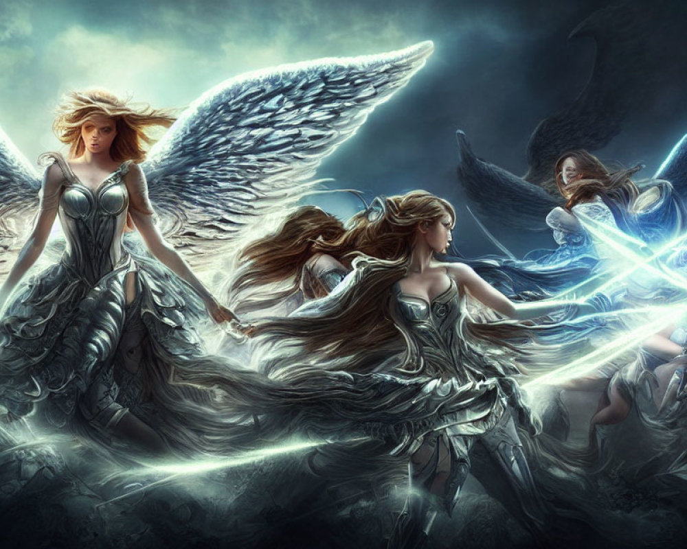 Four angelic figures with glowing wings and armor in dramatic fantasy artwork