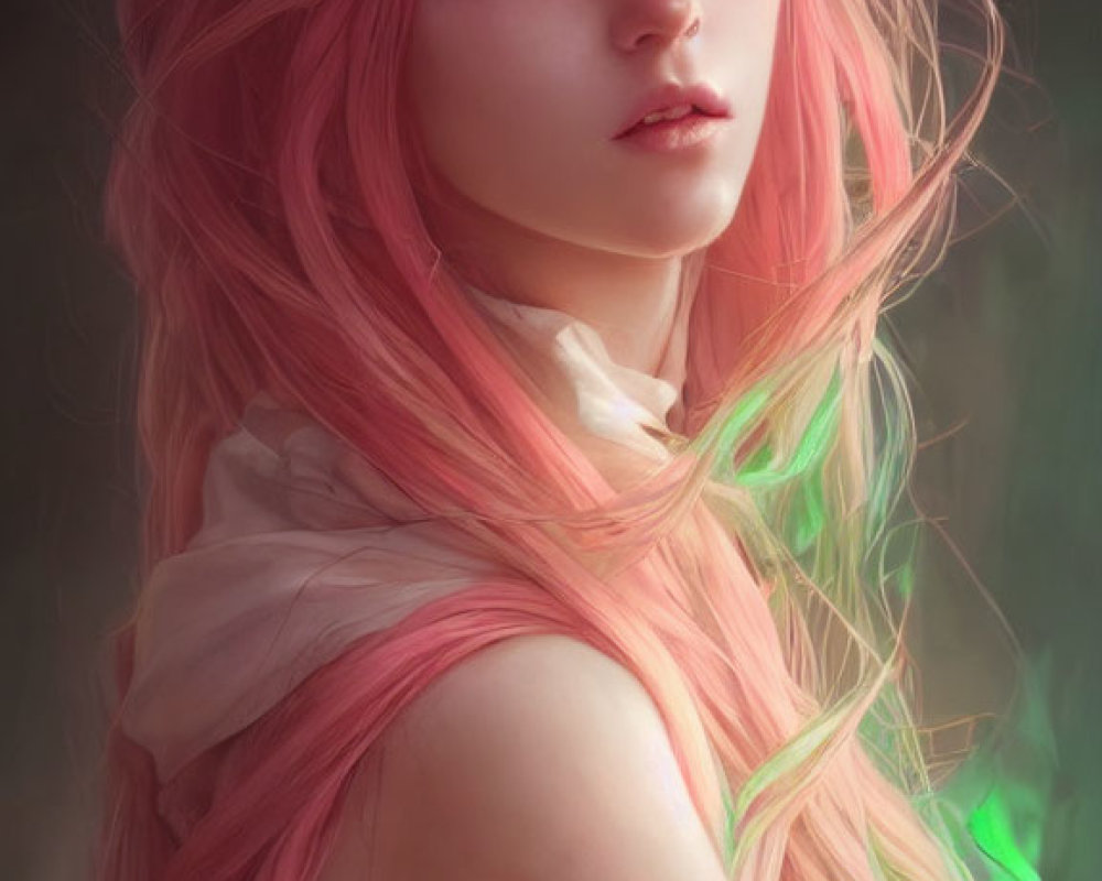 Female figure with pink hair and red eyes in digital artwork