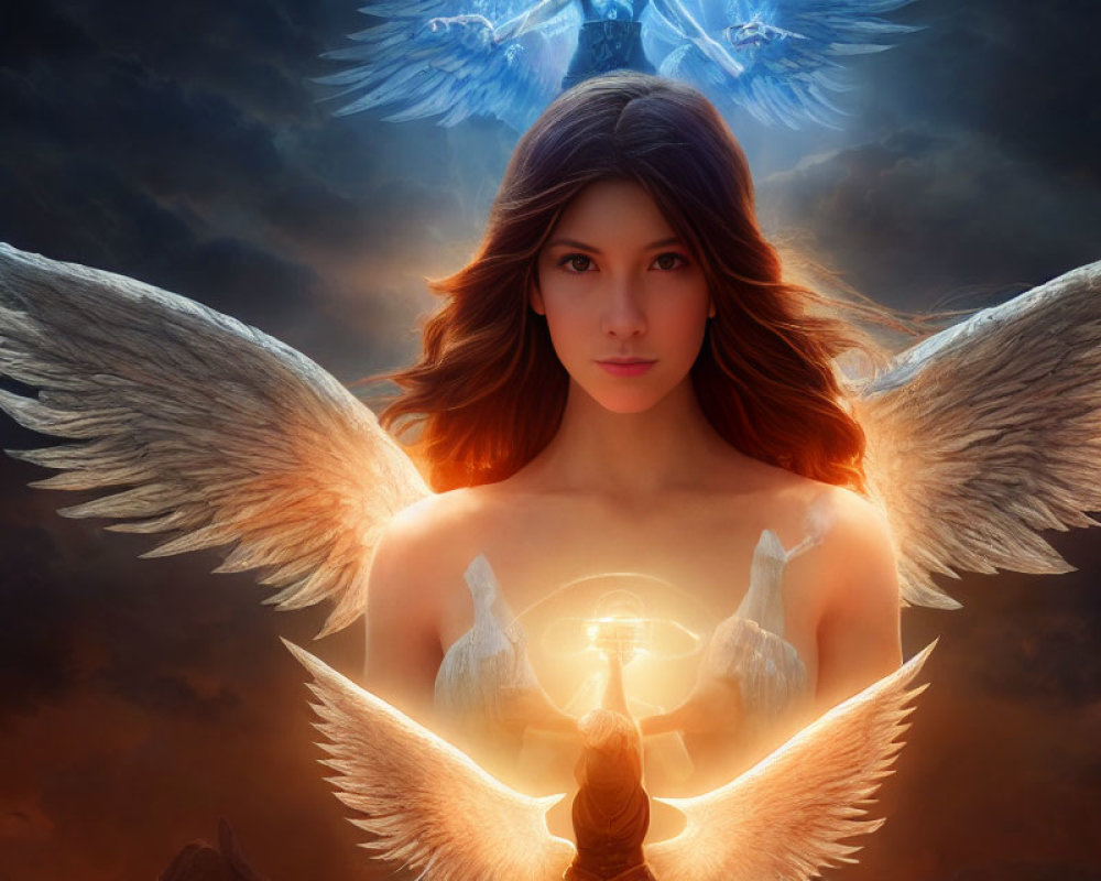Mystical angelic figure with luminous wings holding glowing orb against dramatic sky