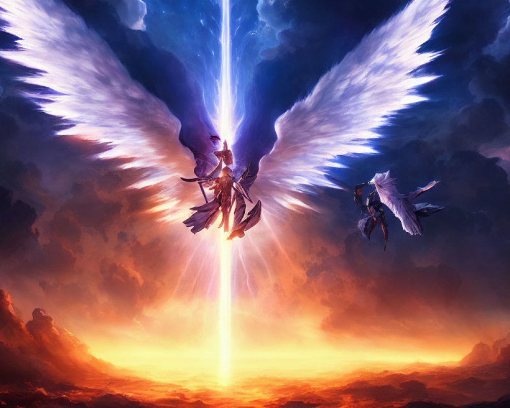 Radiant angelic beings with wings in dramatic sky.
