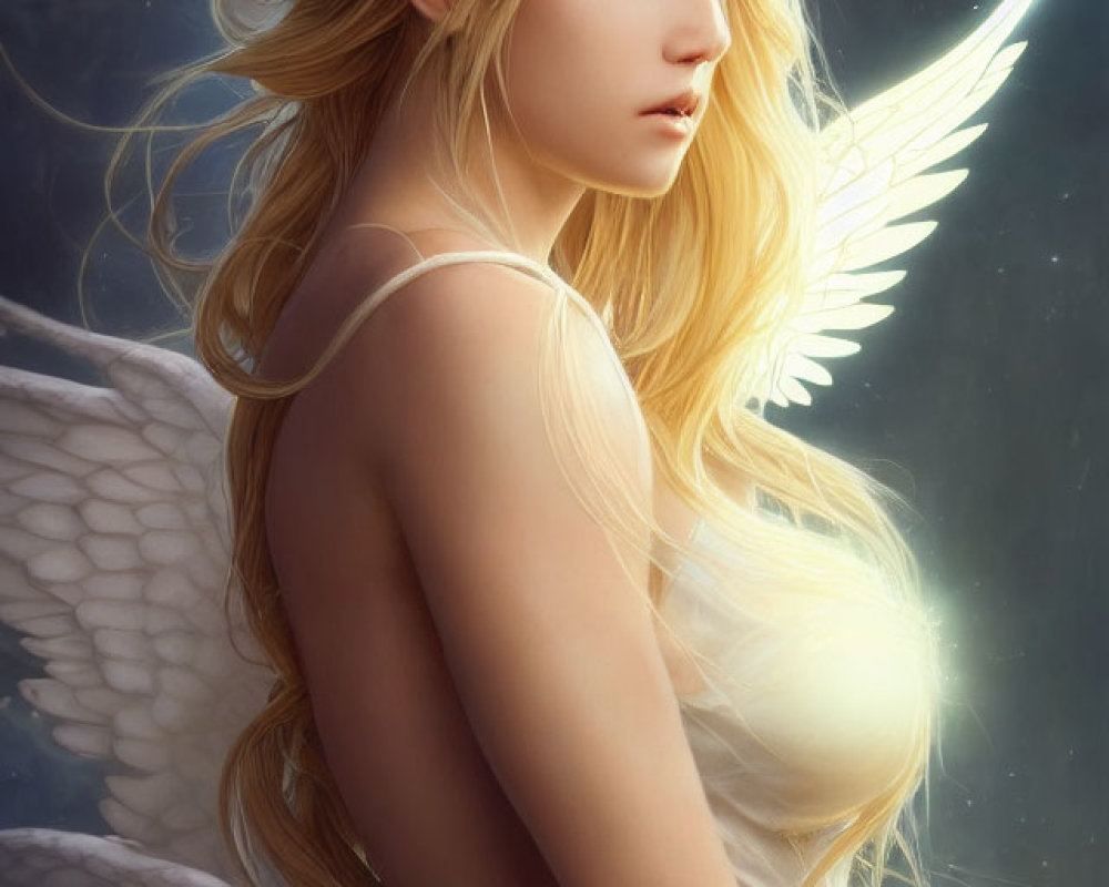 Blonde Angel with Large White Wings and Ethereal Glow