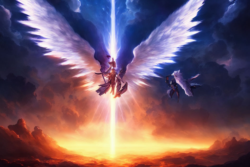 Radiant angelic beings with wings in dramatic sky.