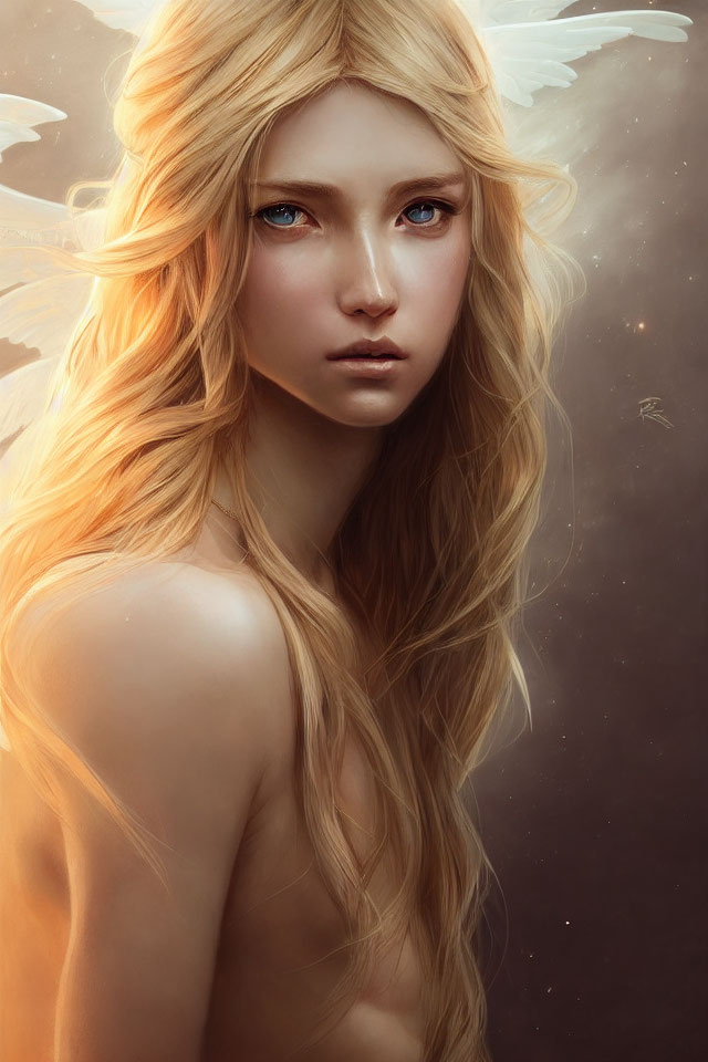 Blonde-haired mythical female with blue eyes and ethereal wings in warm glow