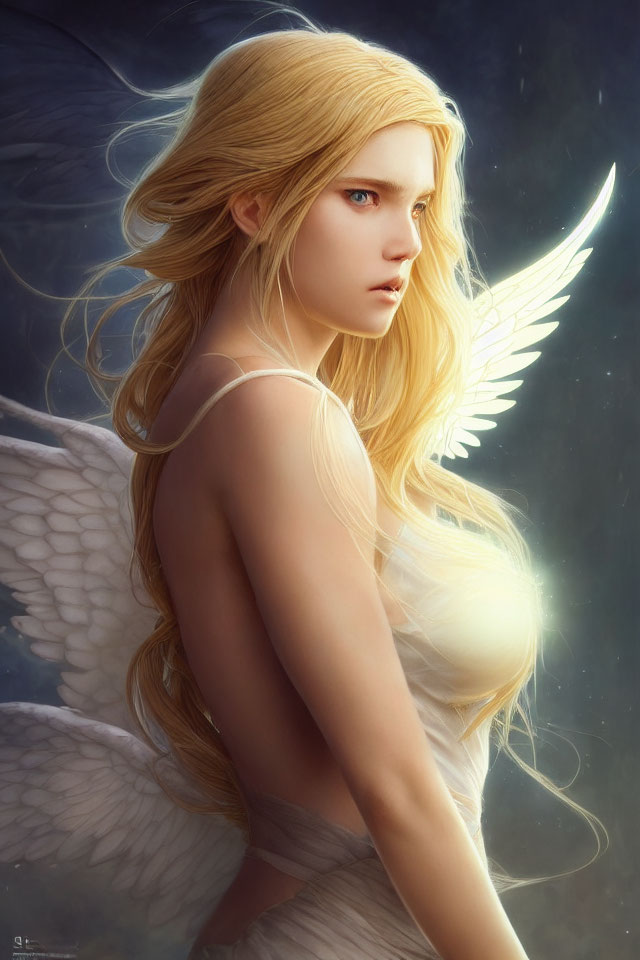 Blonde Angel with Large White Wings and Ethereal Glow