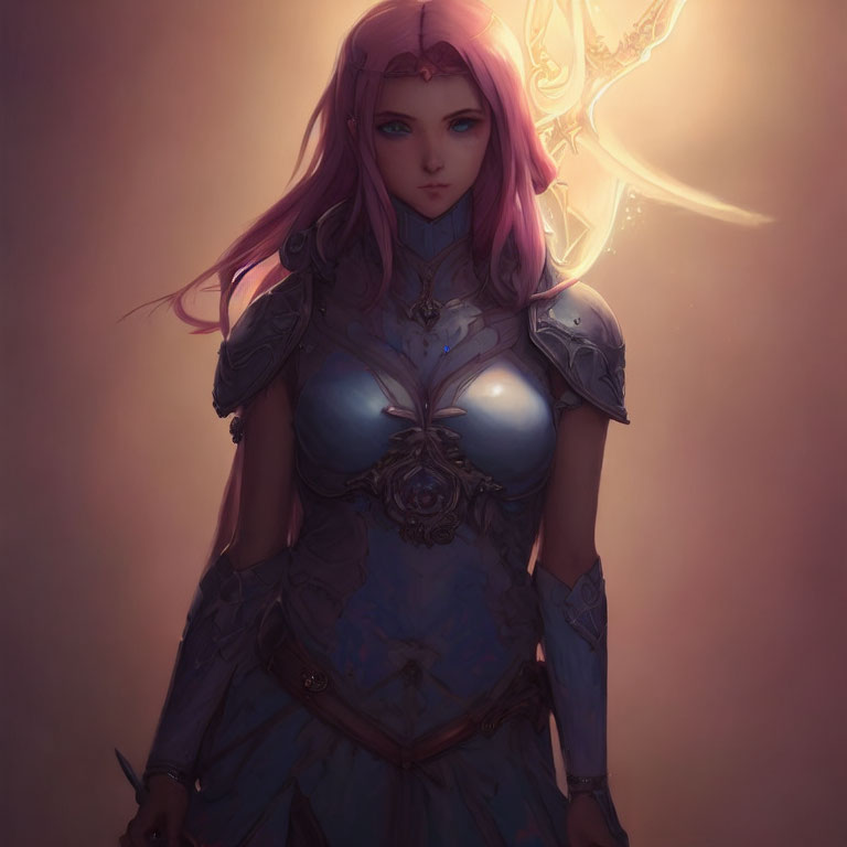 Fantasy female warrior with pink hair and glowing sword in ornate armor