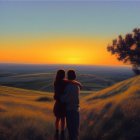 Embracing couple with sunset over hilly landscape