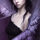 Digital artwork: Female figure with dark hair, violet eyes, and intricate purple wings on purple background