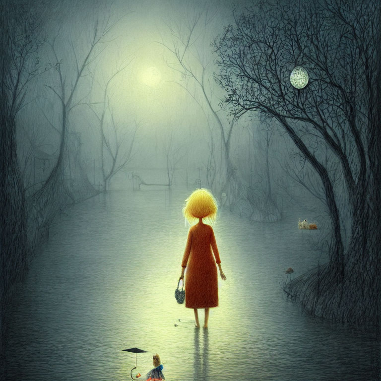 Giant blonde girl in red dress gazes at flooded park with tiny figure and duck float