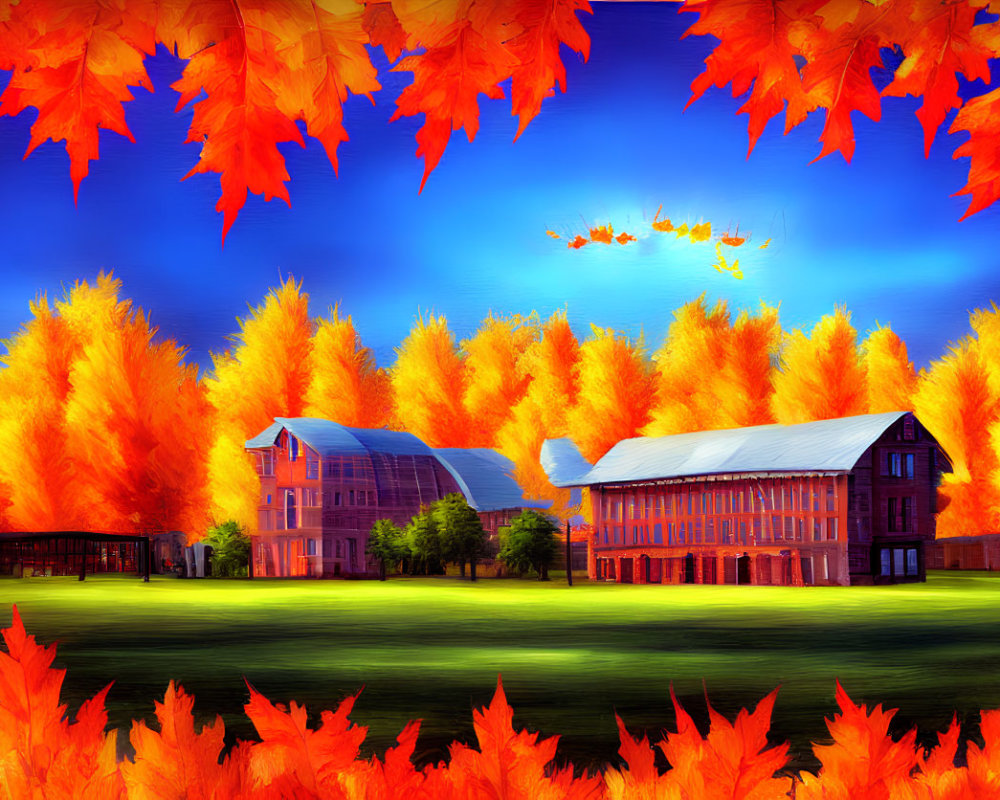 Colorful Autumn Landscape with Floating Leaves and Rural Buildings