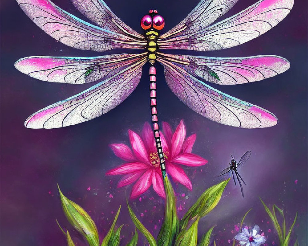 Colorful Dragonfly Illustration on Pink Flower with Another Dragonfly