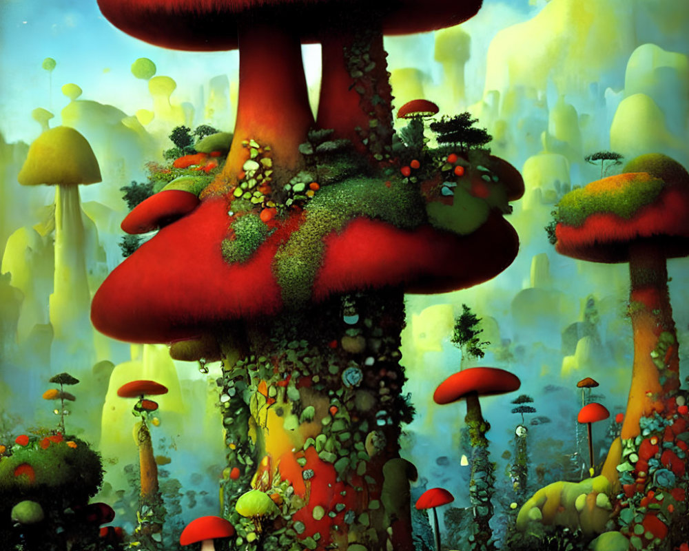 Fantastical mushroom forest artwork with oversized red-capped mushrooms