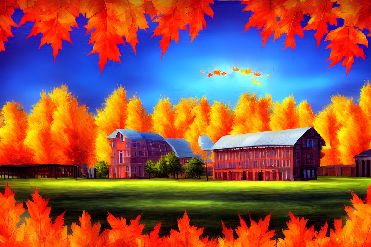 Colorful Autumn Landscape with Floating Leaves and Rural Buildings