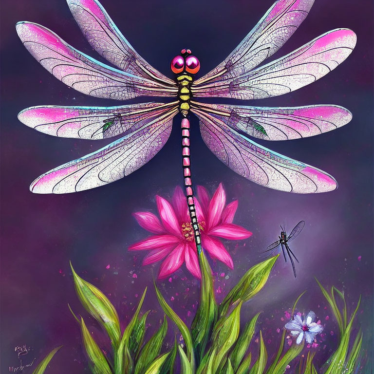 Colorful Dragonfly Illustration on Pink Flower with Another Dragonfly