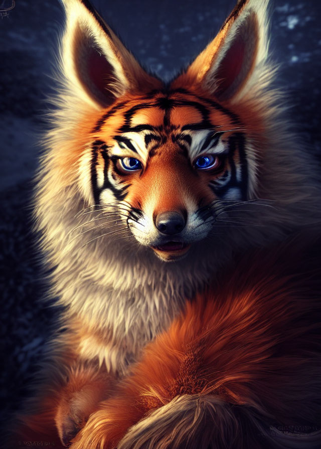 Digital Art: Tiger-faced Creature with Fox Body in Winter Scene