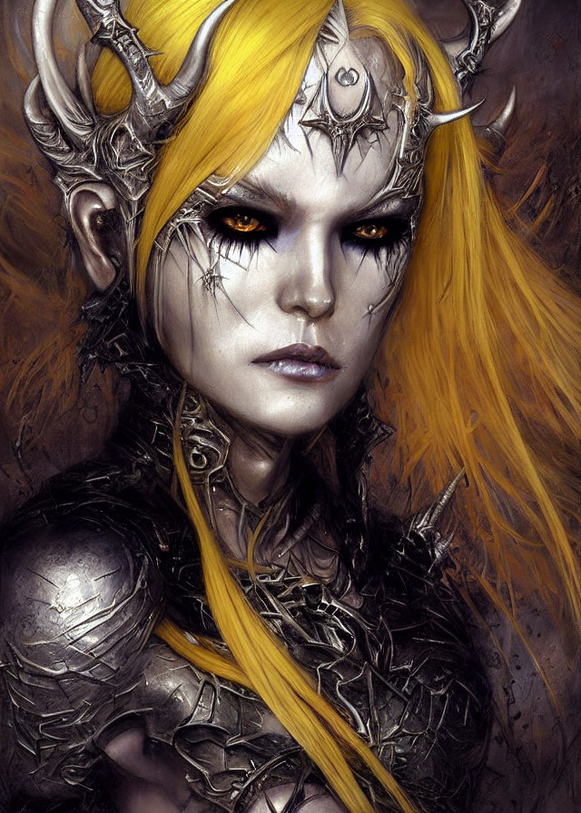 Fantasy character with yellow hair and silver armor.