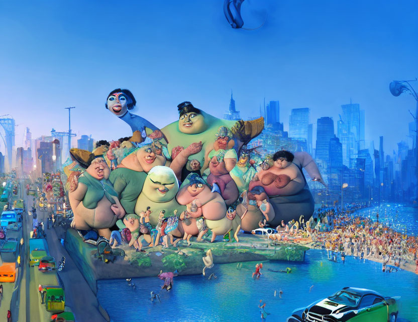 Vibrant animated scene: diverse characters lounging on city overpass