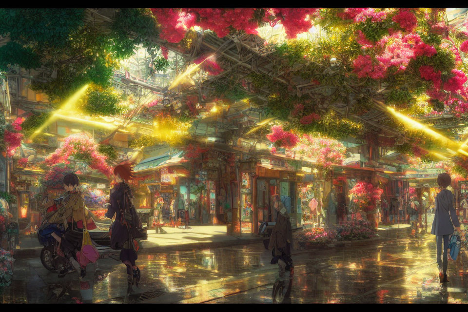 Vibrant street scene with hanging flowers under glass ceiling