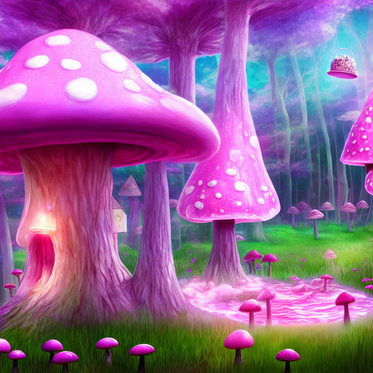 Colorful fantasy landscape with oversized pink mushrooms and whimsical forest background.