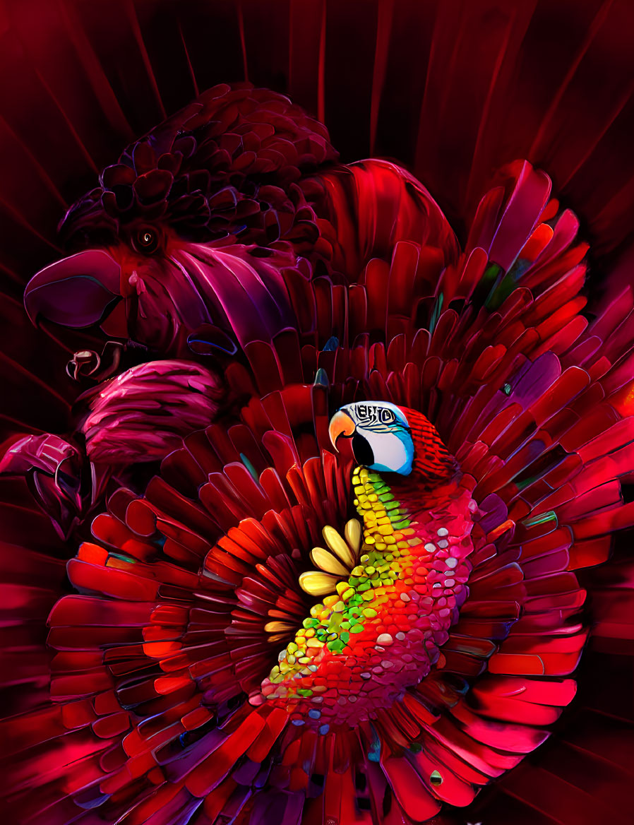 Colorful Parrot Artwork with Spread Feathers on Red Background