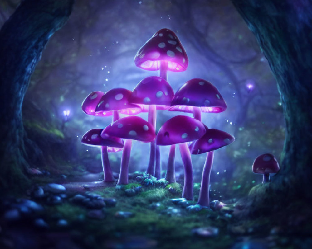 Glowing Oversized Red Mushrooms in Purple Forest Setting