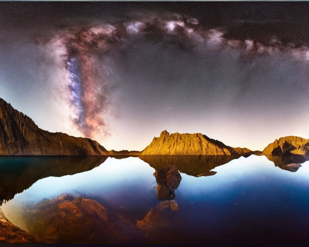 Panoramic view of Milky Way over mountain lake