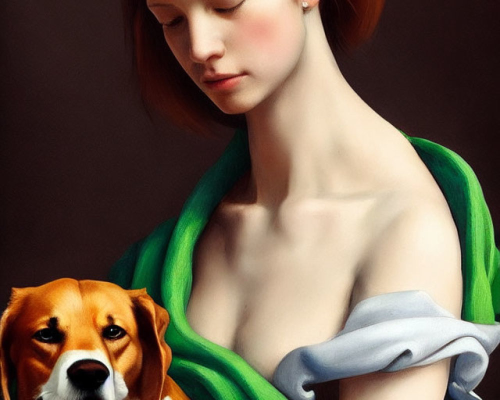 Auburn-haired woman with beagle in green shawl on dark background