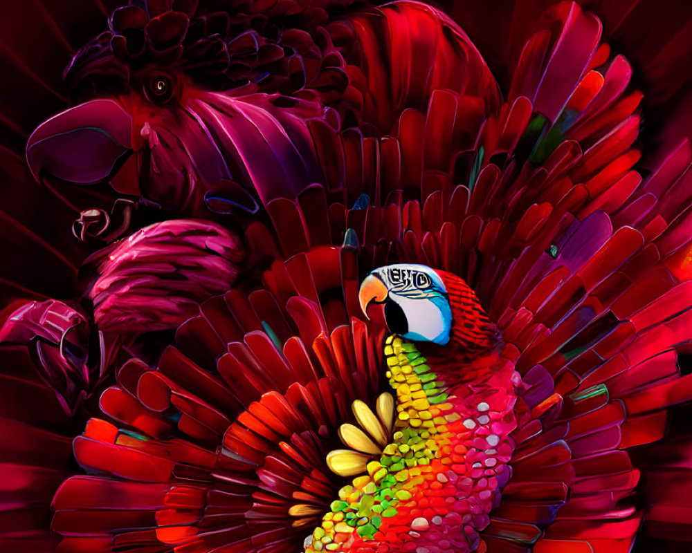Colorful Parrot Artwork with Spread Feathers on Red Background