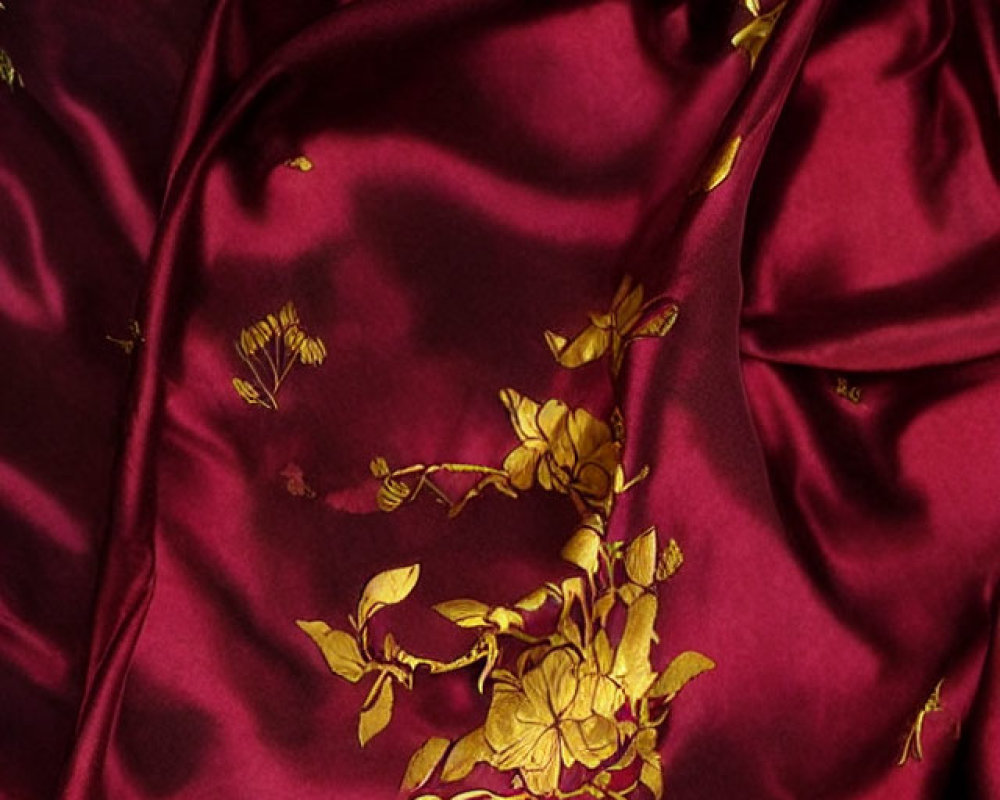 Burgundy Silk Fabric with Golden Floral Patterns