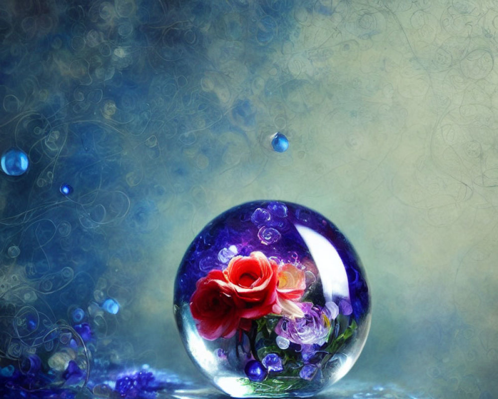 Vibrant red rose in crystal ball with purple and blue hues on textured background