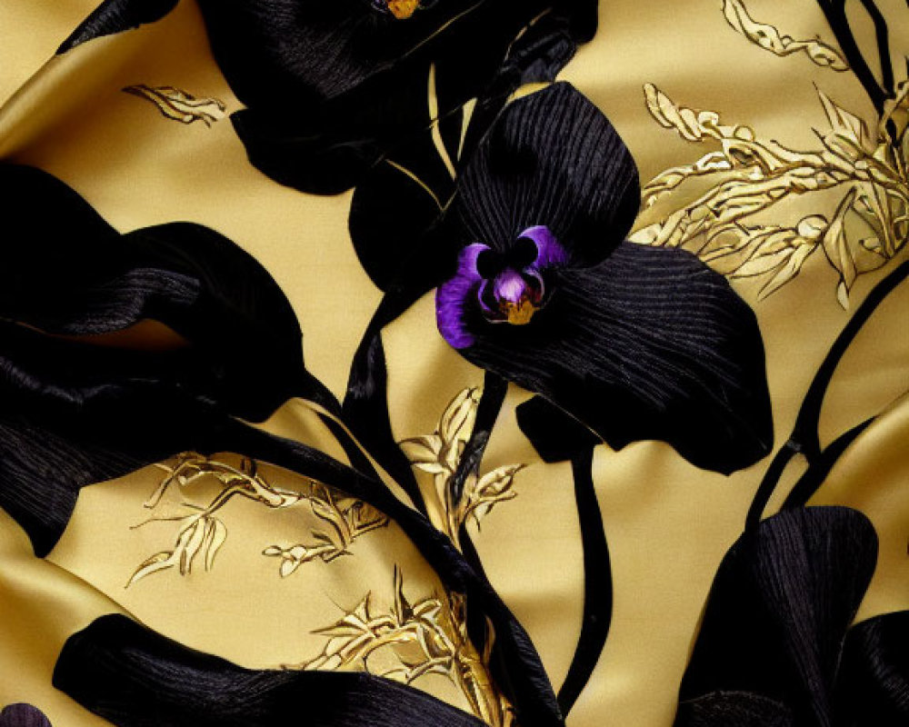 Luxurious Black Orchids with Purple Centers on Yellow Fabric