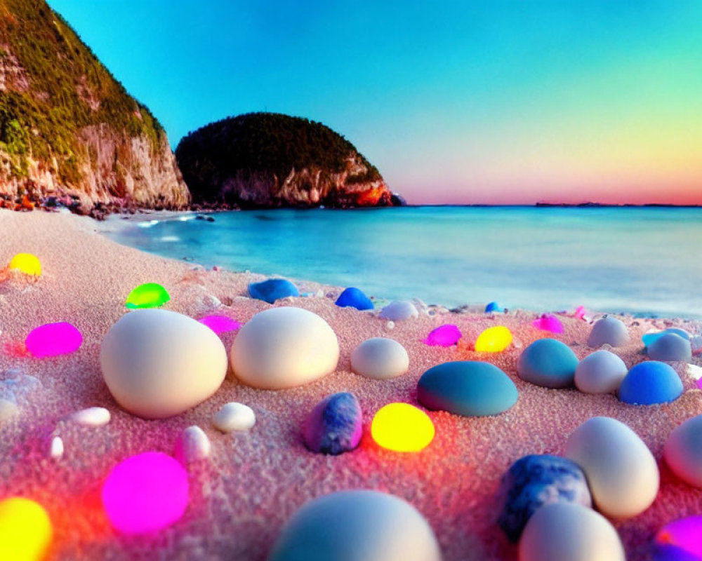 Colorful Glowing Orbs on Beach at Sunset