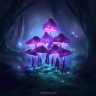Glowing Oversized Red Mushrooms in Purple Forest Setting
