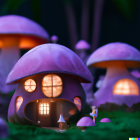 Illustration of purple mushroom houses in enchanted forest