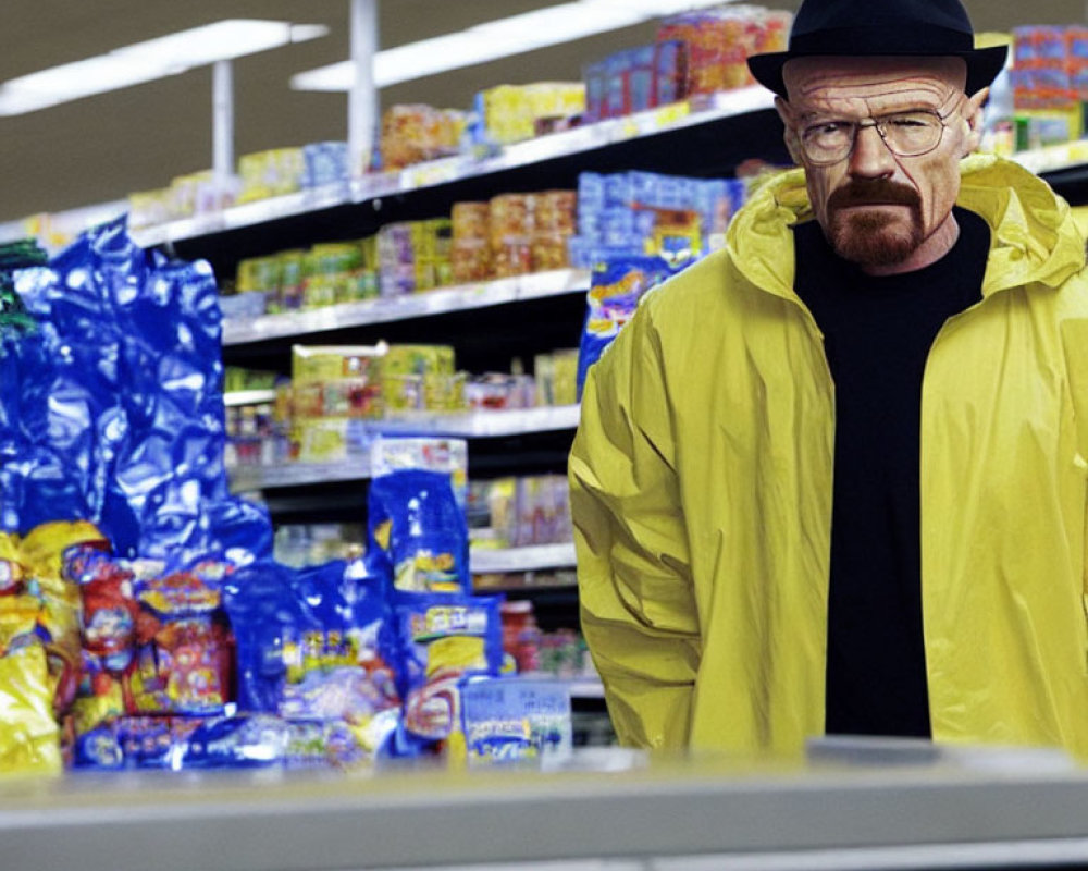 Man in Yellow Jacket and Glasses in Supermarket Aisle with Snacks and Cereal