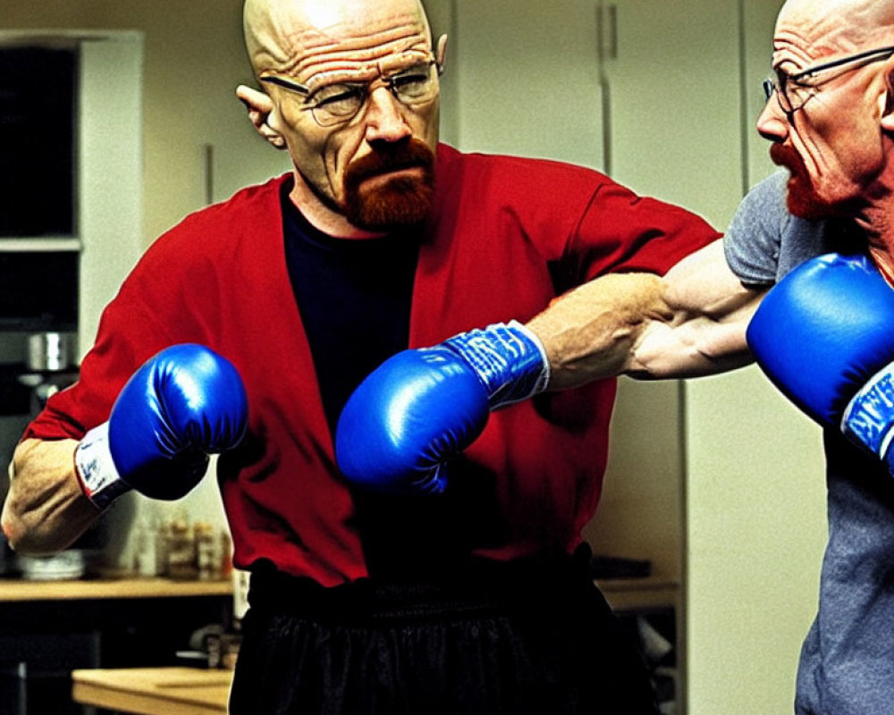 Two bald men in red shirts and blue boxing gloves playfully spar in a kitchen