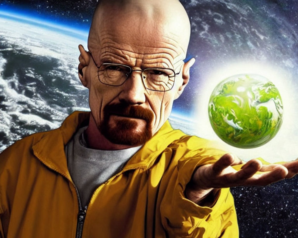 Man in Yellow Jacket with Goatee and Glasses Against Space Backdrop