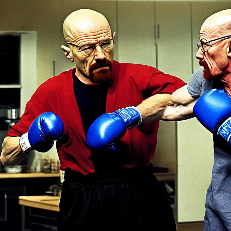 Two bald men in red shirts and blue boxing gloves playfully spar in a kitchen