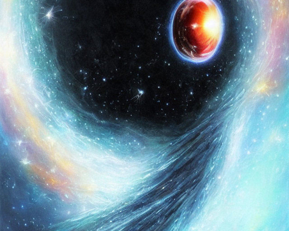 Colorful depiction of a black hole absorbing matter from a celestial body