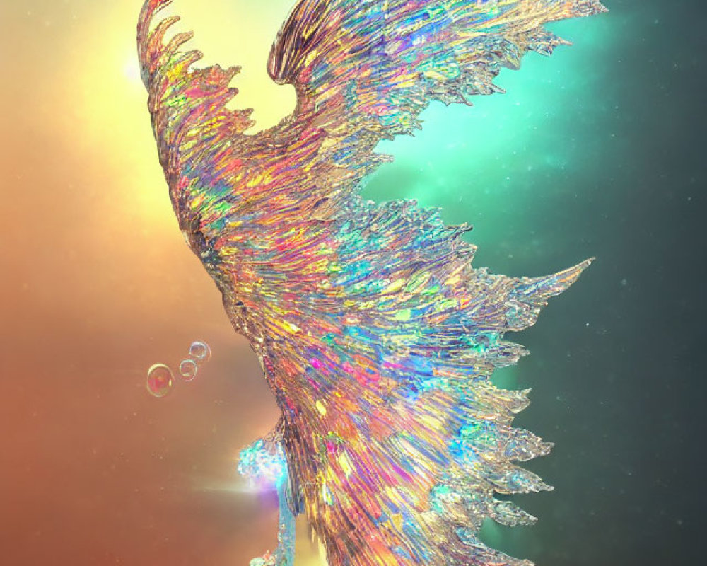 Iridescent phoenix with shimmering wings against warm backdrop