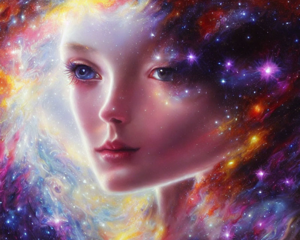 Woman's face merges with cosmic nebula in surreal portrait