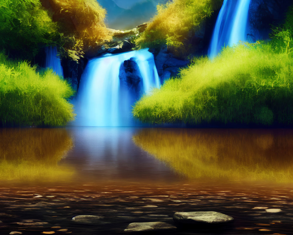 Tranquil waterfall with blue water, green foliage, and sunny sky