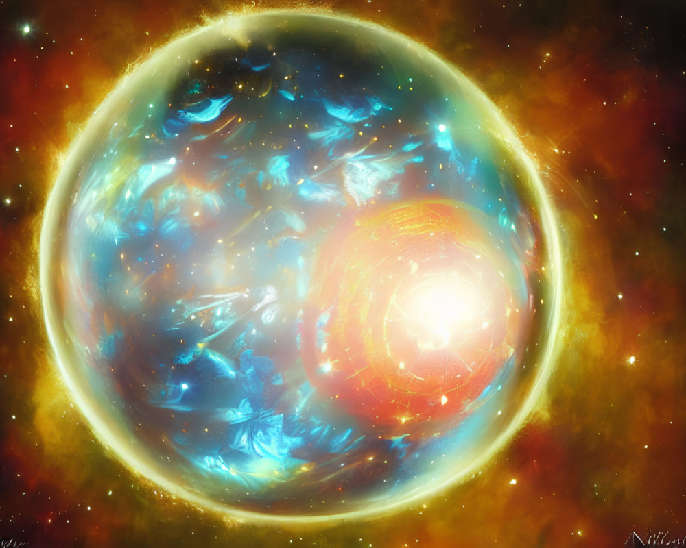 Celestial digital artwork with radiant sun-like sphere and cosmic colors