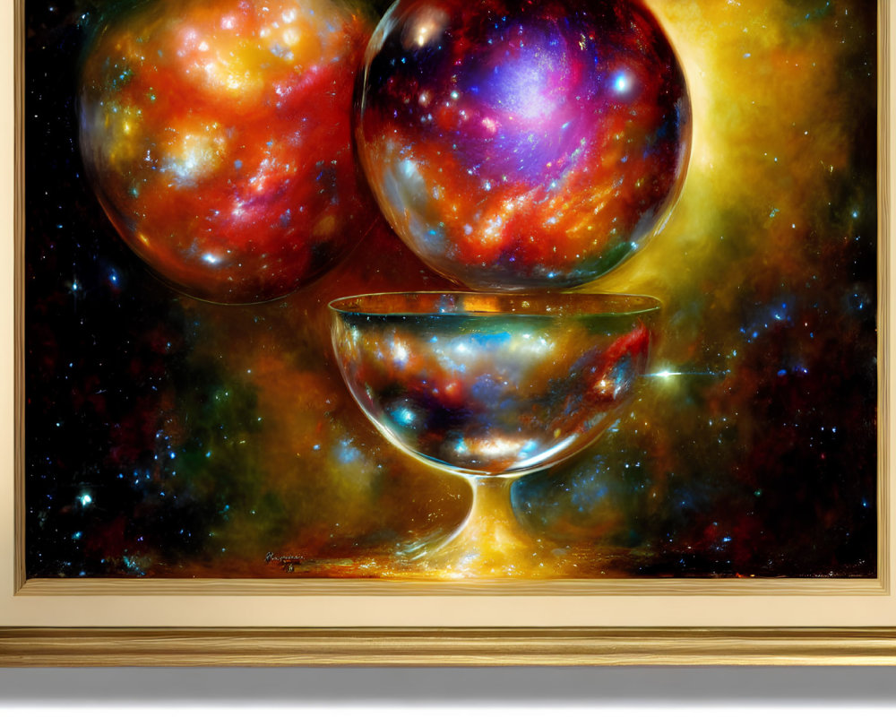Cosmic painting with swirling galaxies above glass bowl