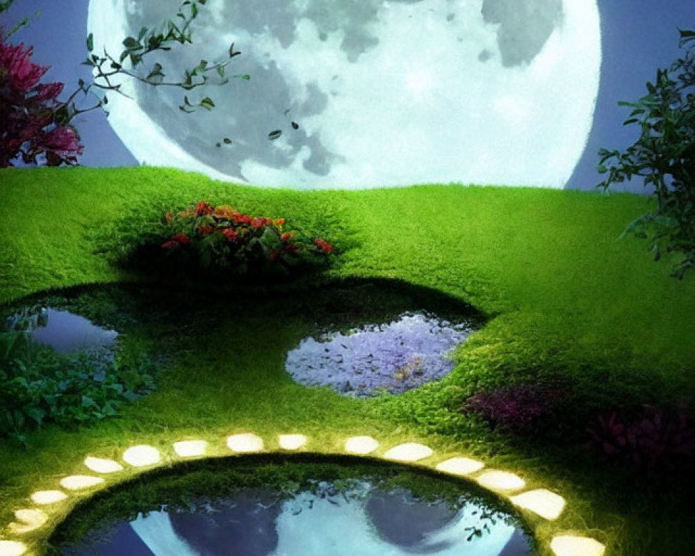 Whimsical night scene with full moon, footpath, pond, and greenery