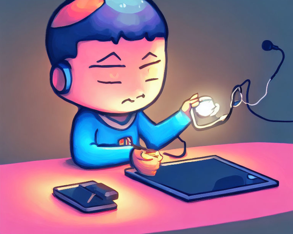 Person with Headphones Using Tablet and Pen in Warm Light
