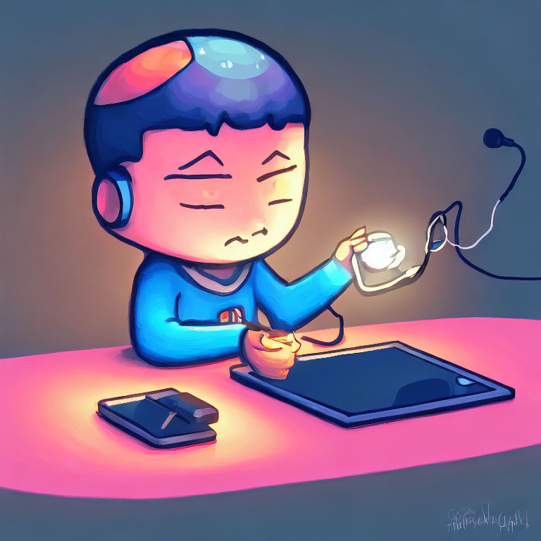 Person with Headphones Using Tablet and Pen in Warm Light