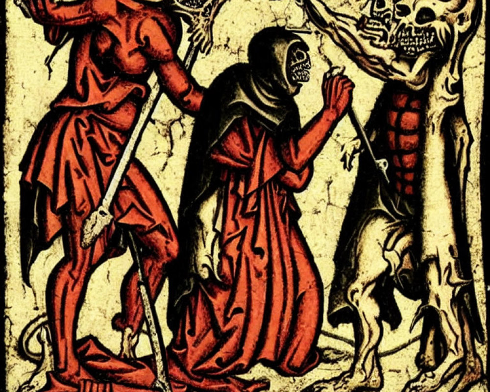 Medieval woodcut of three skeletal figures in red robes with a scythe