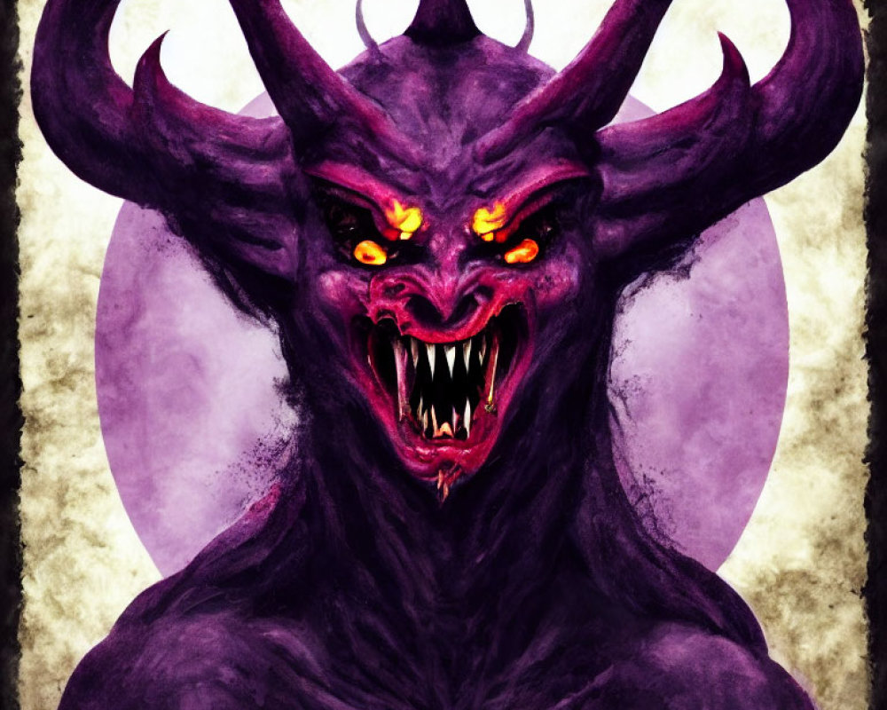 Purple demon with red eyes, fangs, and horns on textured background