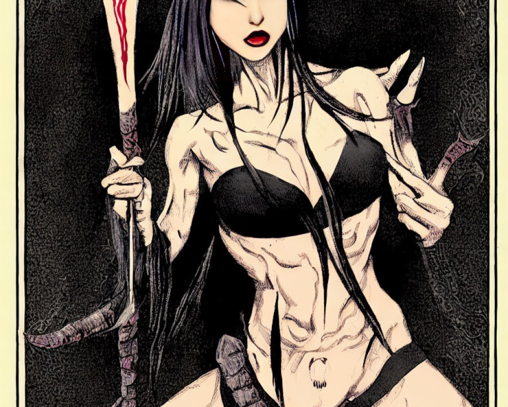 Illustration of fierce female character with dark hair, sword, and knives in black outfit