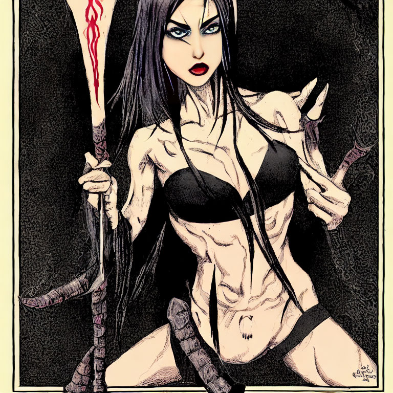 Illustration of fierce female character with dark hair, sword, and knives in black outfit